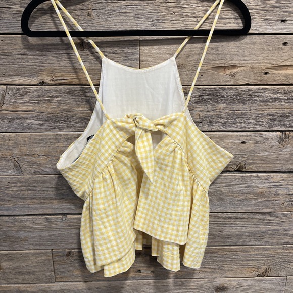 ZARA Yellow‎ White Women's Gingham Ruffle Tank Top Tie Back Size L - Picture 4 of 5